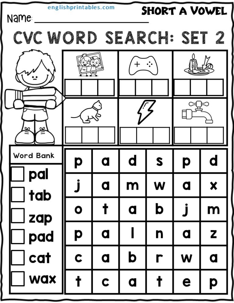 Free Short Vowel CVC Word Search Printables (Short A Vowel) - English ...