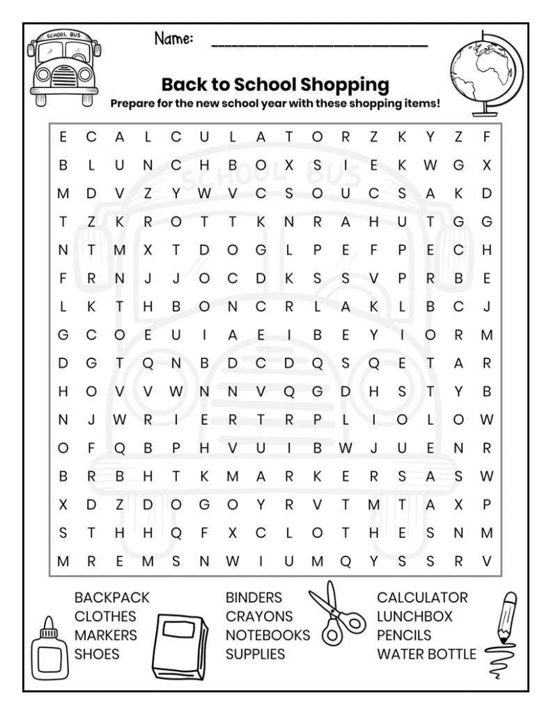 free word search puzzle worksheet back to school