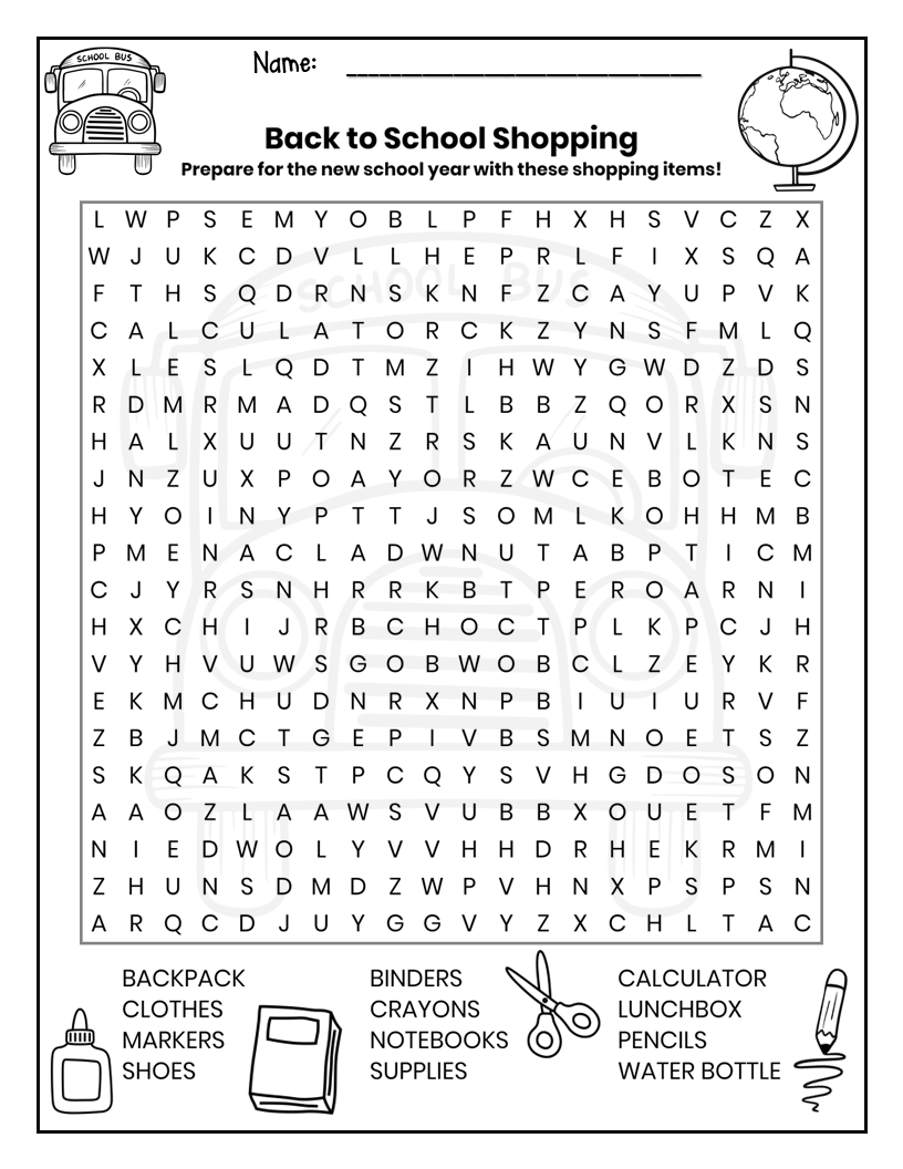 free word search puzzle worksheet back to school