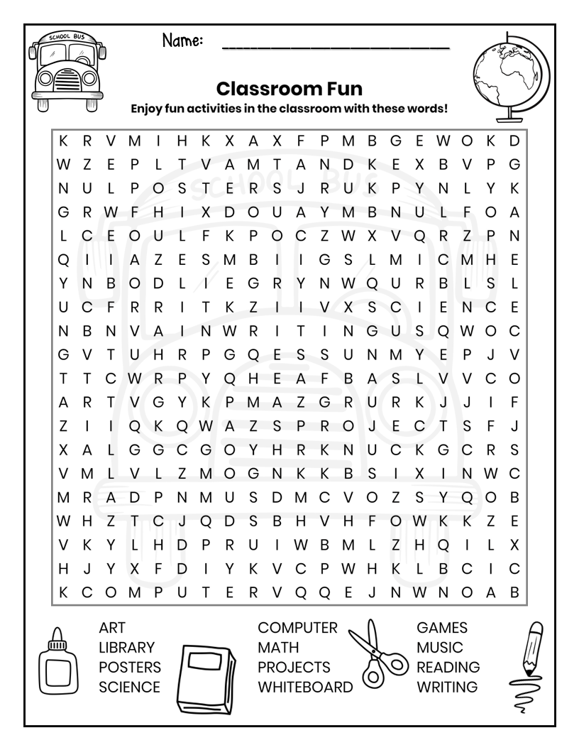 free word search puzzle worksheet back to school