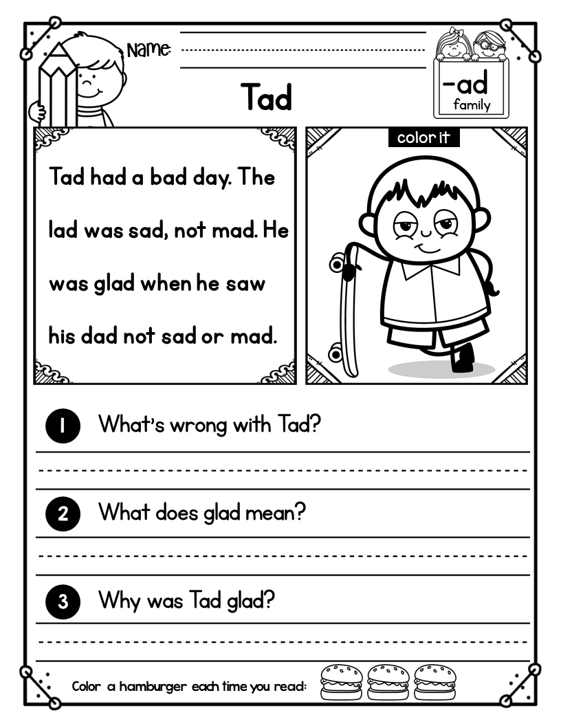 Free Reading Passages Worksheets for kindergarten- Short Vowels and Word Family Reading Passages